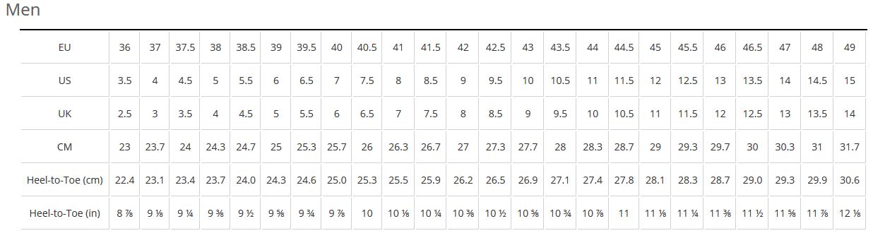 Bontrager shoe sizing chart