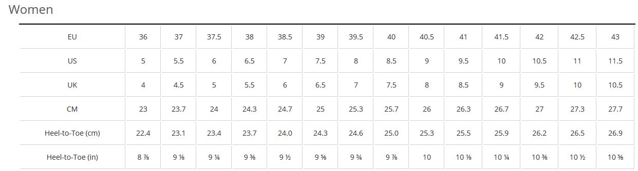 Bontrager women's shoe sizing chart