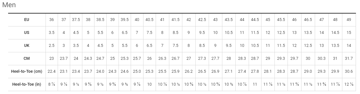 Bontrager Mens Shoe sizing chart