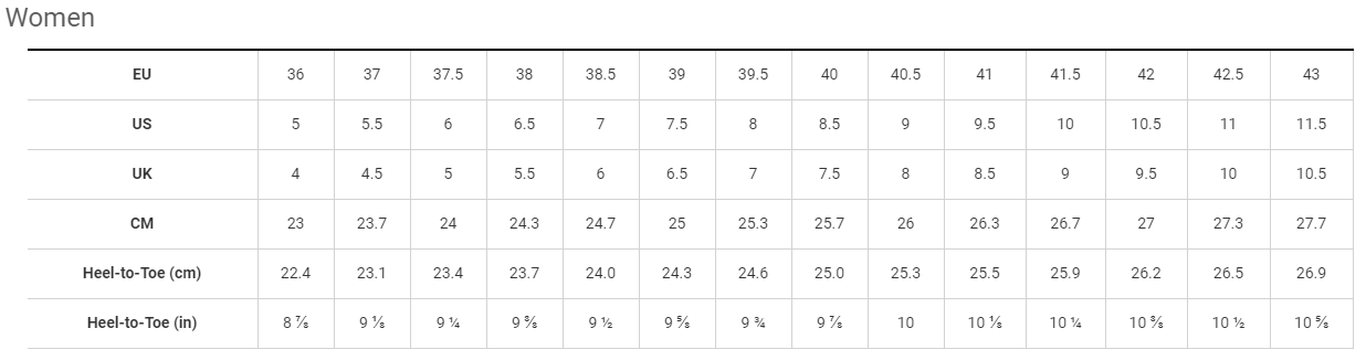 Bontrager women's shoe sizing chart