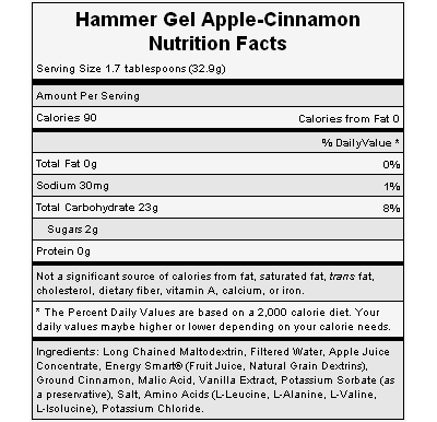 The nutritional info for Hammer Nutrition's Apple Cinnamon Gel. The nutritional info for Hammer Nutrition's Apple Cinnamon Gel.