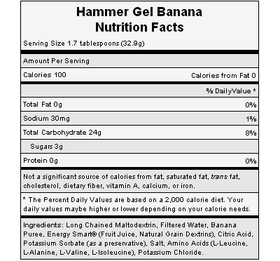 The nutritional info for Hammer Nutrition's Banana Gel. The nutritional info for Hammer Nutrition's Banana Gel.