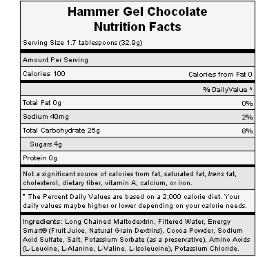 The nutritional info for Hammer Nutrition's Chocolate Gel. The nutritional info for Hammer Nutrition's Chocolate Gel.