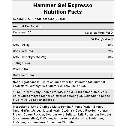 The nutritional info for Hammer Nutrition's Espresso Gel. The nutritional info for Hammer Nutrition's Espresso Gel.