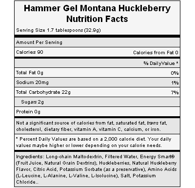 The nutritional info for Hammer Nutrition's Montana Huckleberry Gel. The nutritional info for Hammer Nutrition's Montana Huckleberry Gel.