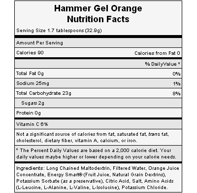 The nutritional info for Hammer Nutrition's Orange Gel. The nutritional info for Hammer Nutrition's Orange Gel.