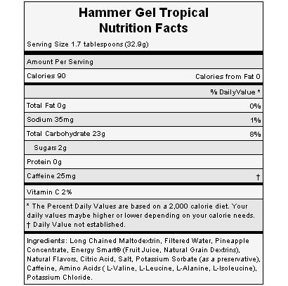 The nutritional info for Hammer Nutrition's Tropical Gel. The nutritional info for Hammer Nutrition's Tropical Gel.