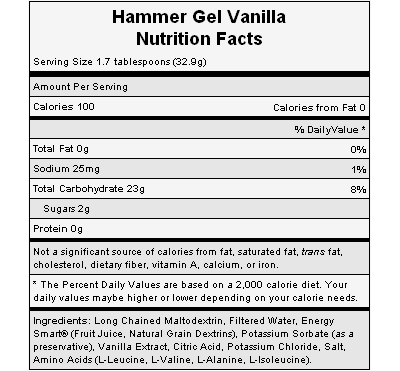 The nutritional info for Hammer Nutrition's Vanilla Gel. The nutritional info for Hammer Nutrition's Vanilla Gel.