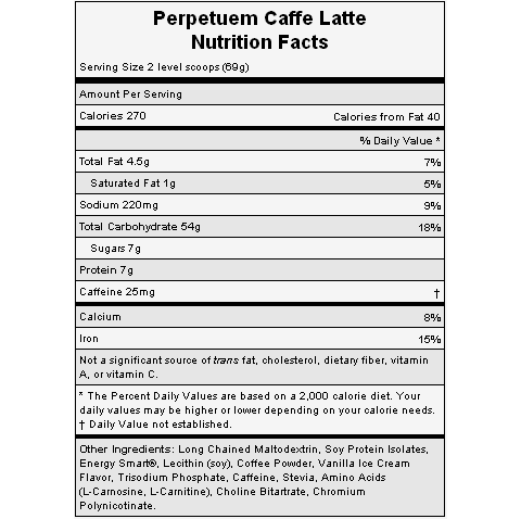 The nutritional info for Hammer Nutrition's Caffe Latte Perpetuem. The nutritional info for Hammer Nutrition's Caffe Latte Perpetuem.