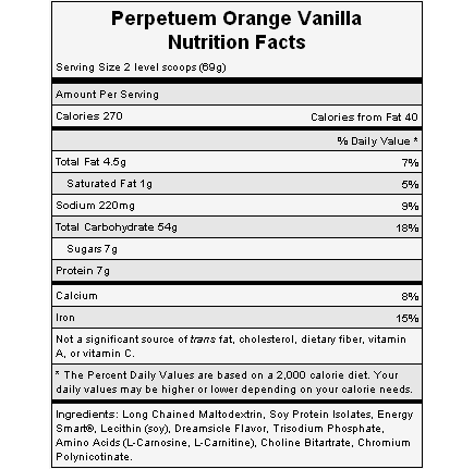 The nutritional info for Hammer Nutrition's Orange-Vanilla Perpetuem. The nutritional info for Hammer Nutrition's Orange-Vanilla Perpetuem.