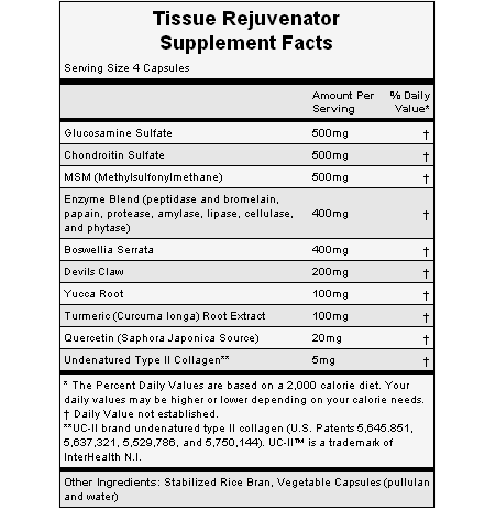 The nutritional info for Hammer Nutrition's Tissue Rejuvenator. The nutritional info for Hammer Nutrition's Tissue Rejuvenator.