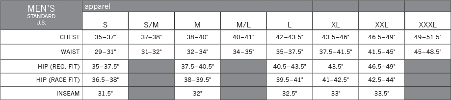 Pearl Izumi Men's Apparel sizing chart Pearl Izumi Men's Apparel sizing chart