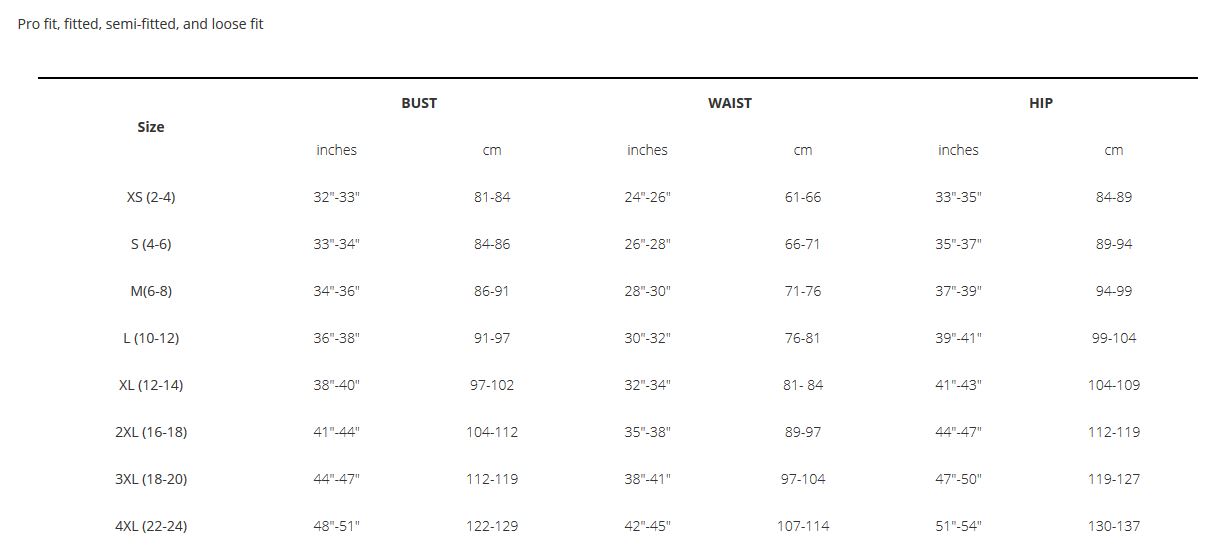 Bontrager Womens sizing chart